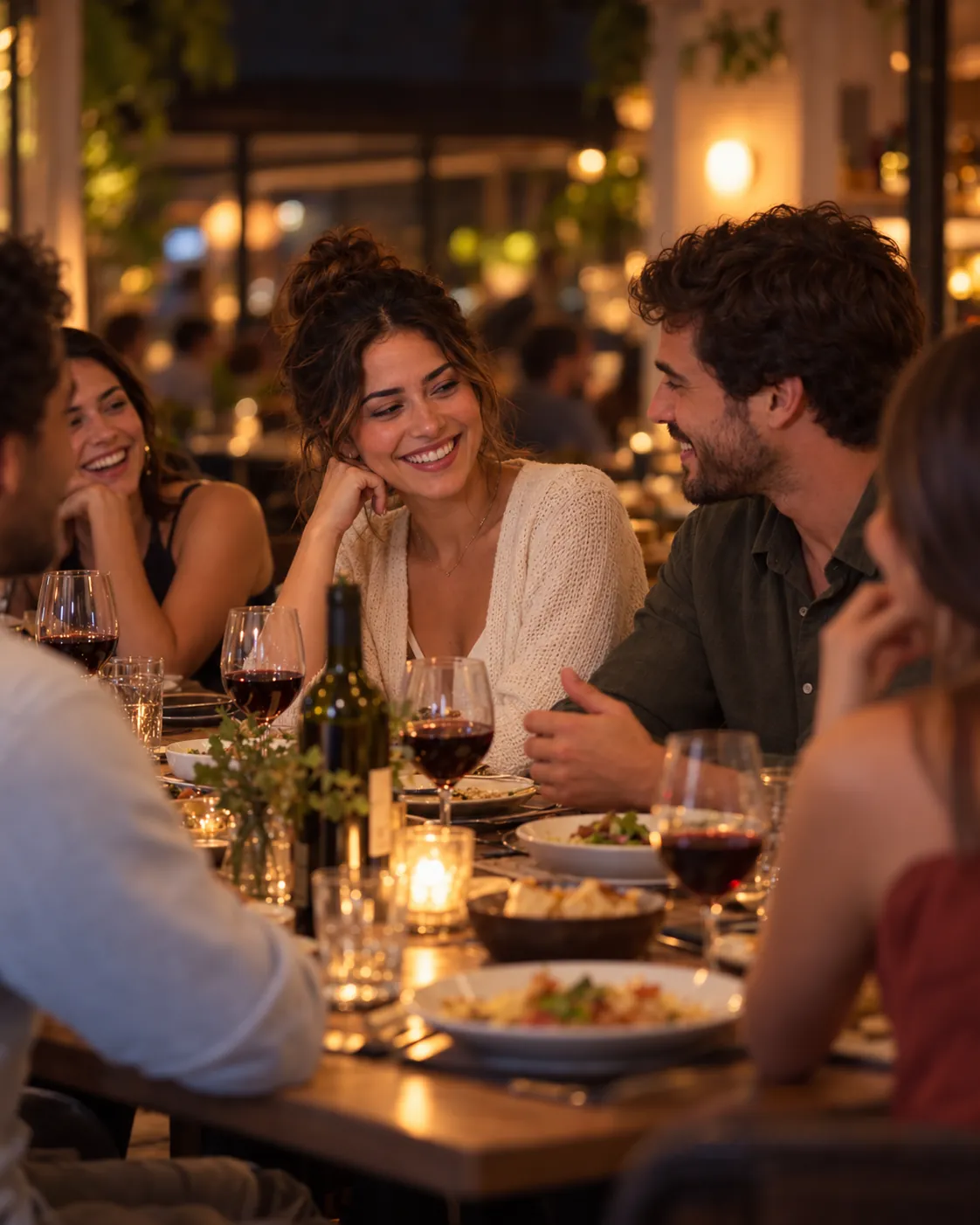 Mulher sorrindo à mesa em um jantar com amigos